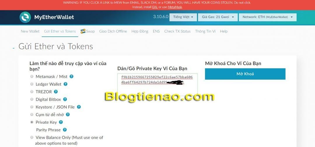 CÃ¡ch ÄÄng nháº­p vÃ o vÃ­ MyEtherWallet báº±ng Private Key