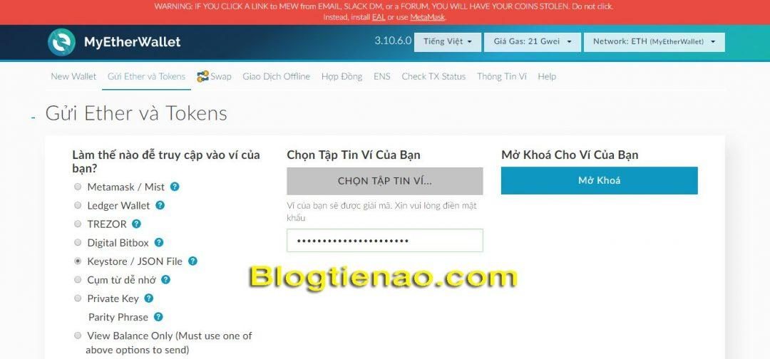 Cách đăng nhập vào ví MyEtherWallet bằng Keystore