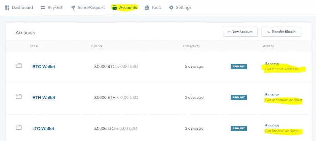 Maak adressen voor bitcoin, ethereum en litecoin op coinbase
