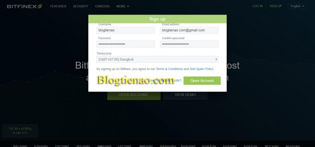 Đăng ký tài khoản tại Bitfinex