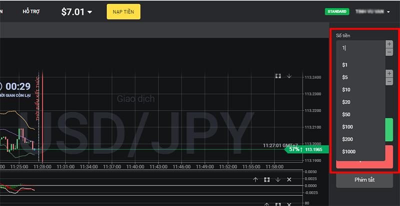 Chọn số tiền đầu tư Binomo