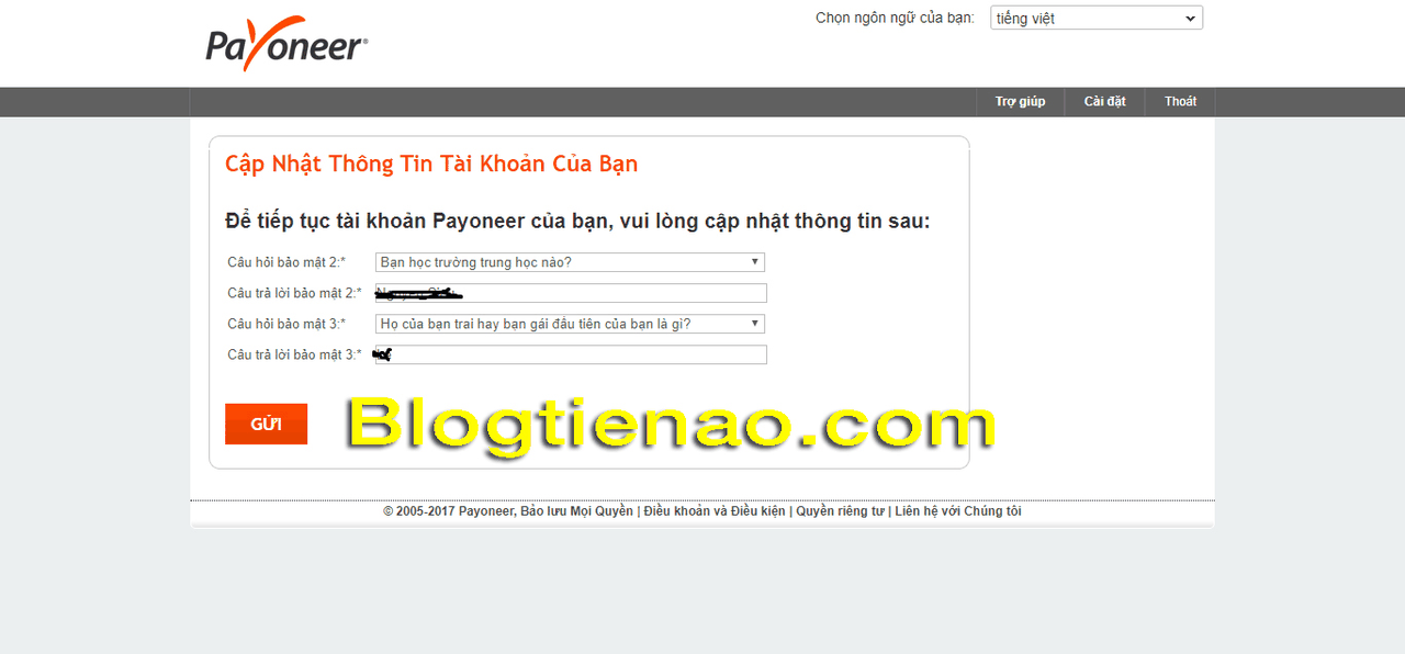 Xác nhận câu hỏi bảo mật payoneer