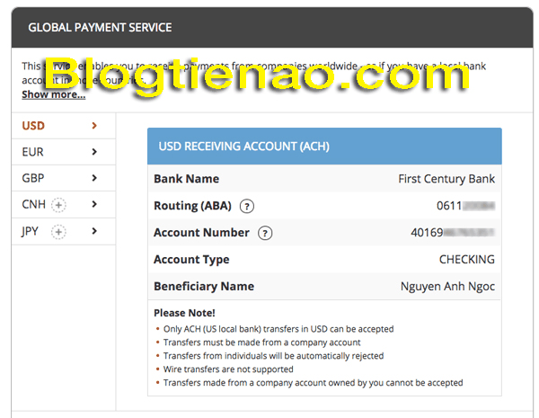 Các lấy thông tin số tài khoản US để nhận tiền qua Payoneer. Ảnh 2