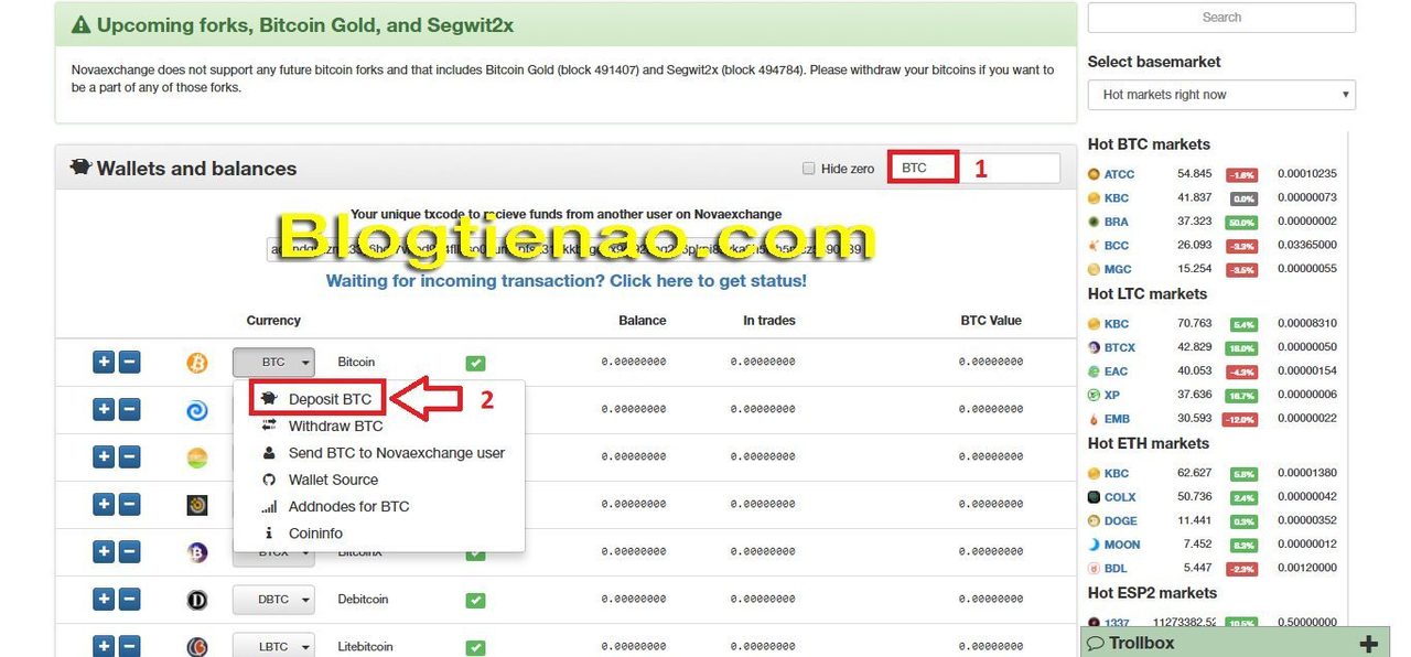 Nạp BTC vào NovaExchange. Ảnh 2