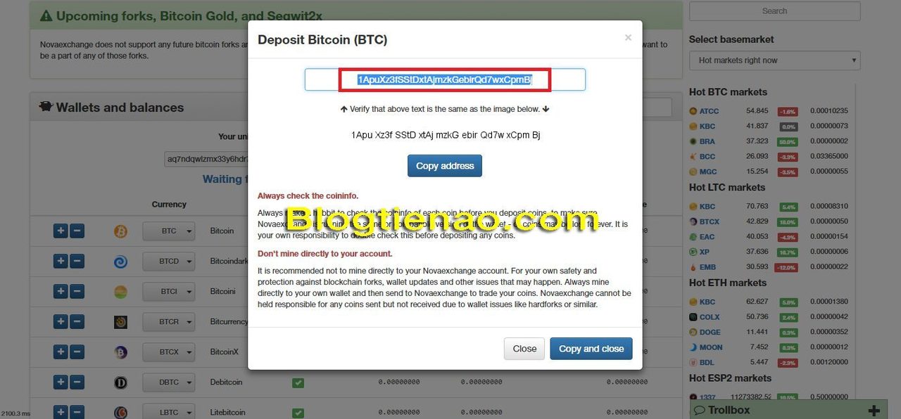 Nạp BTC vào NovaExchange. Ảnh 3