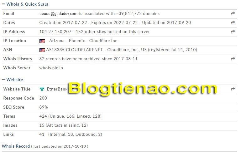 Thông tin tên miền của Etherbanking.io