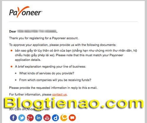 Xác thực thông tin đăng ký Payoneer. Ảnh 5