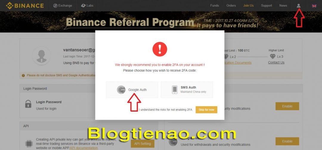 Bật bảo mật 2FA cho tài khoản Binance. Ảnh 1
