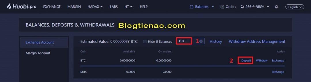 Nạp BTC vào sàn Huobi. Ảnh 2