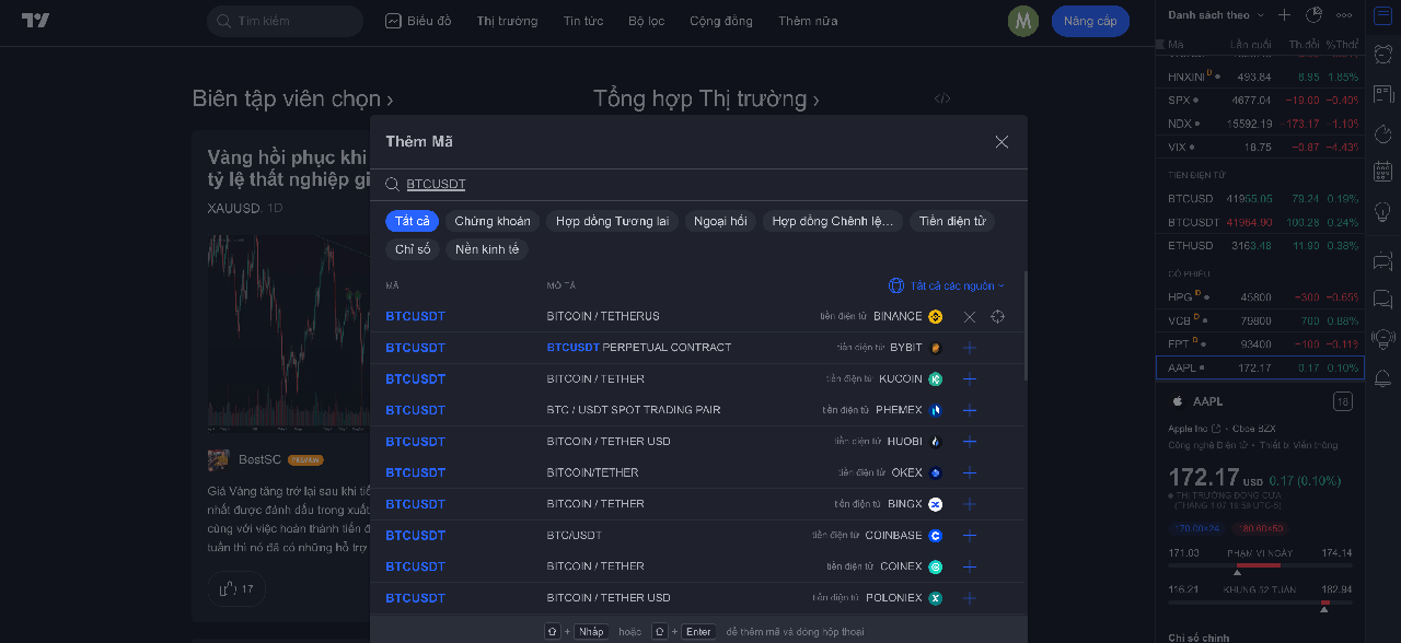 TradingView tìm tên coin theo toolbar