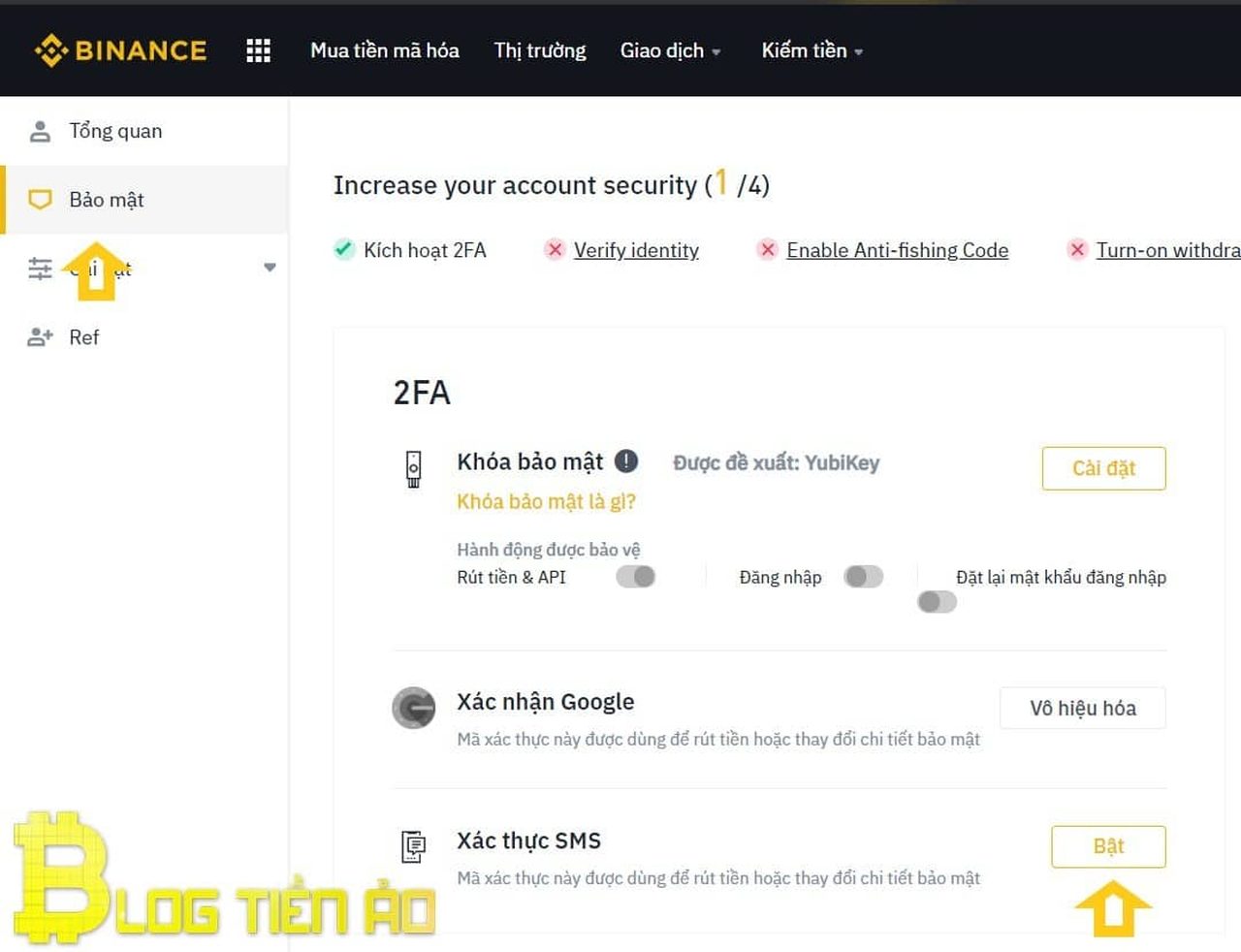 Xác thực sms trên website Binance