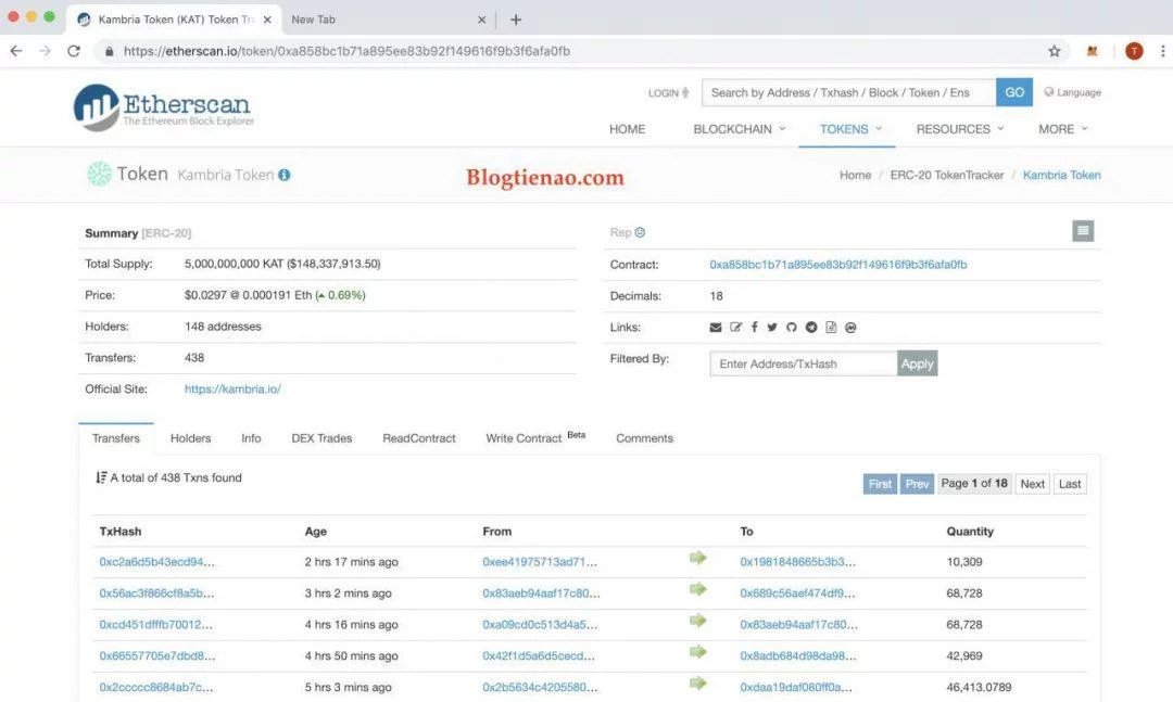 Contract Của Kambria trên EtherScan