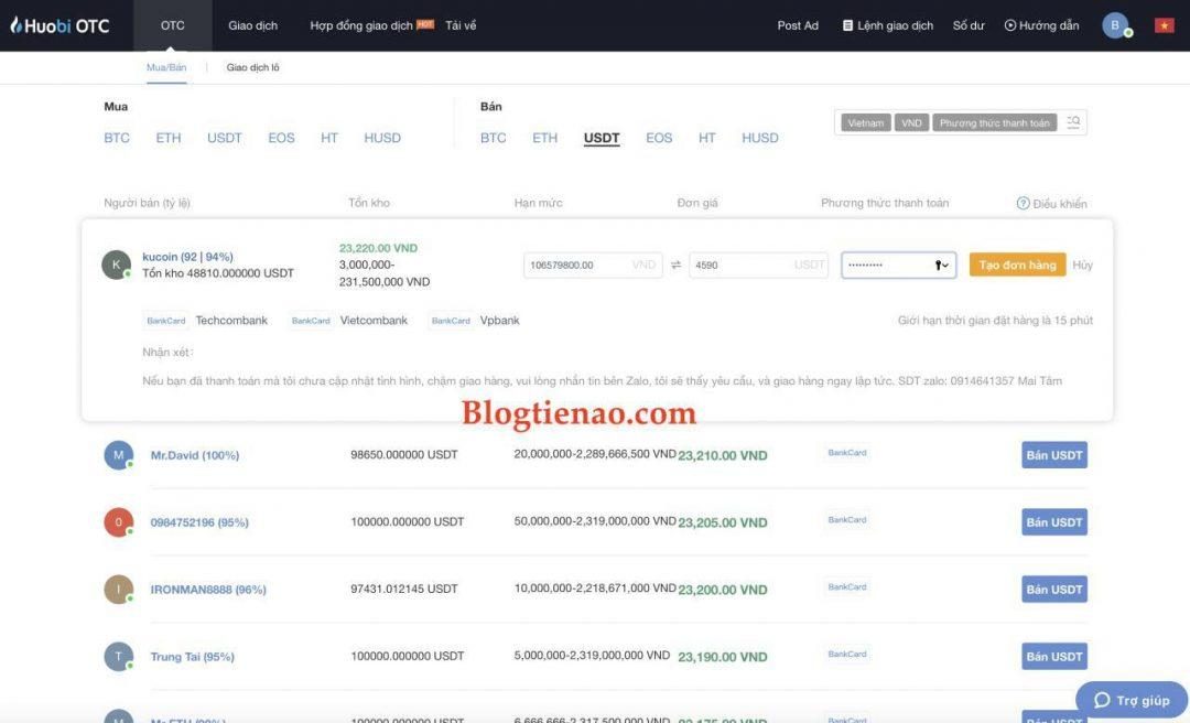 Bán Bitcoin, USDT trên Huobi OTC