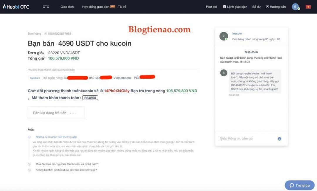 Bán Bitcoin, USDT trên Huobi OTC