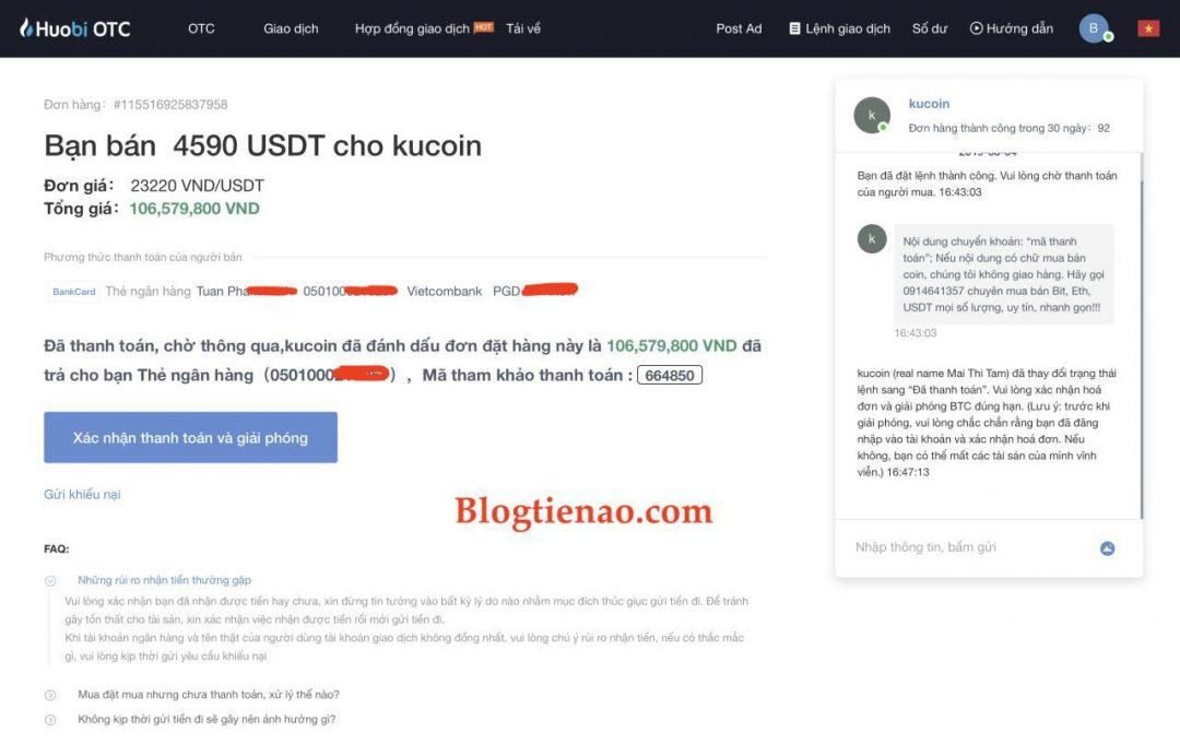 Bán Bitcoin, USDT trên Huobi OTC