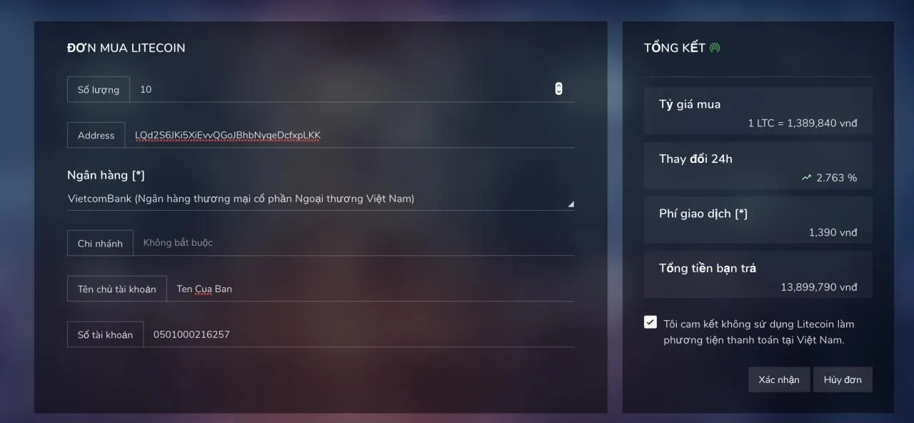Mua Litecoin (LTC) tại vicuta