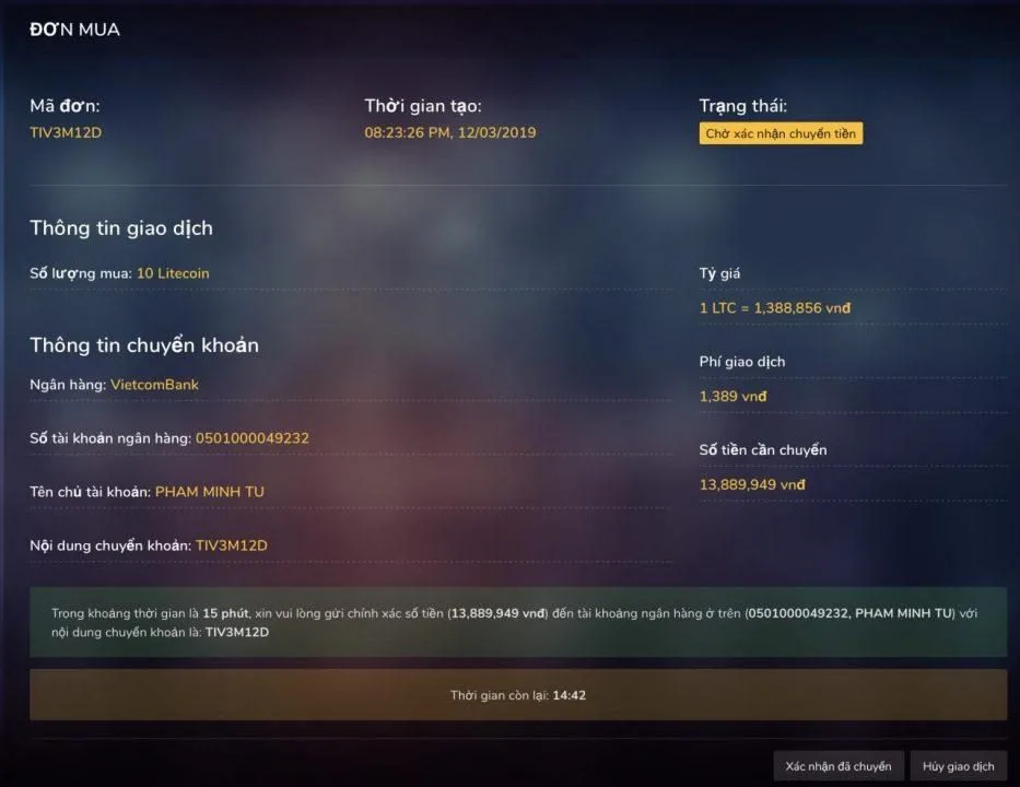 Mua Litecoin (LTC) trên vicuta