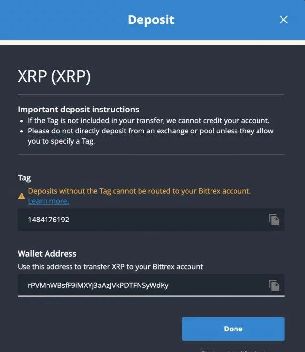 عنوان محفظتي XRP في طابق Bittrex مع العلامة