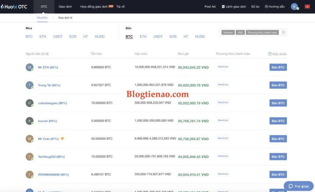 Bán Bitcoin (BTC) trên Huobi OTC