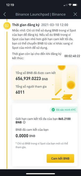 Thời gian đăng ký tham gia Launchpad trên binance