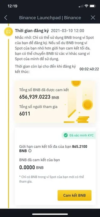 Thời gian đăng ký tham gia Launchpad trên binance