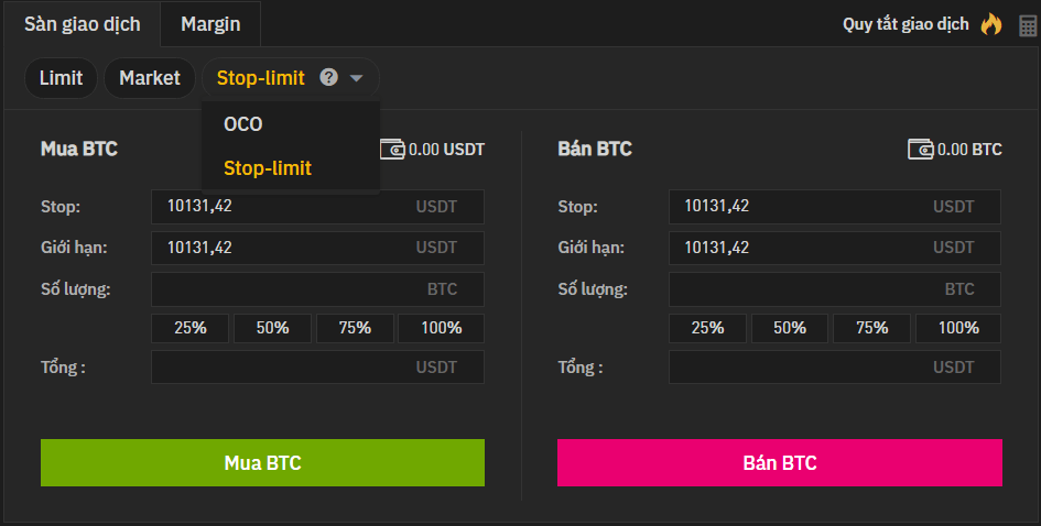 Chọn lệnh OCO sàn giao dịch Binance