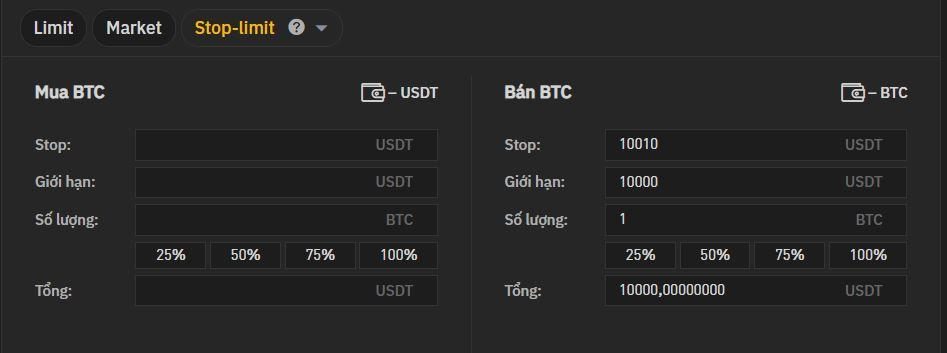 Lệnh dừng giới hạn sàn giao dịch Binance