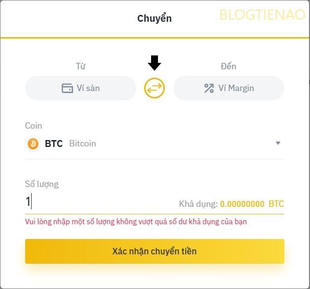 Chuyển BTC từ ví sàn sang ví Binance Margin Trading