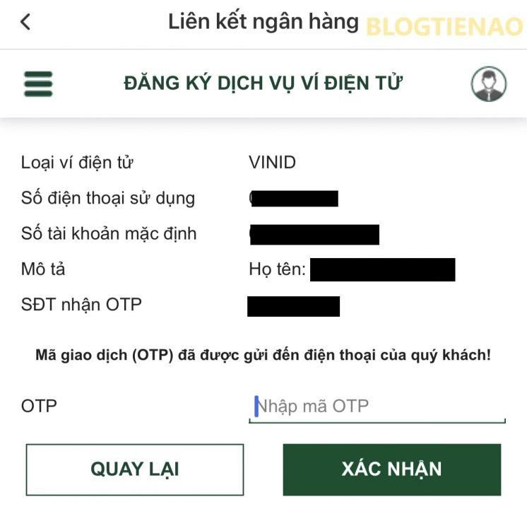 Nhập mã OTP liên kết ví điện tử VinID