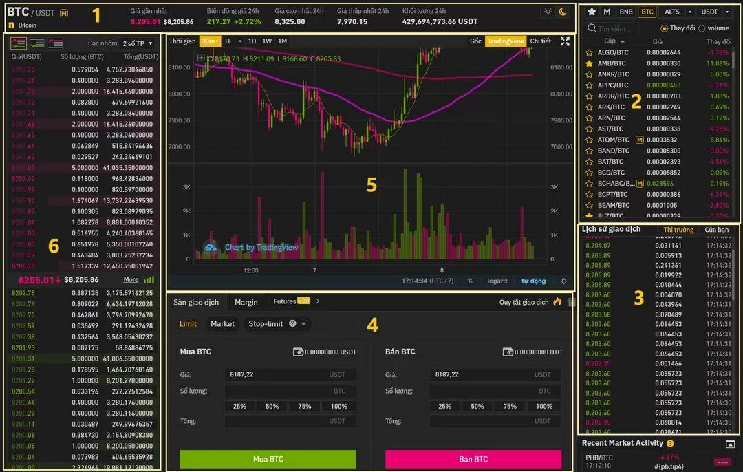 Giao diện trade coin trên Binance