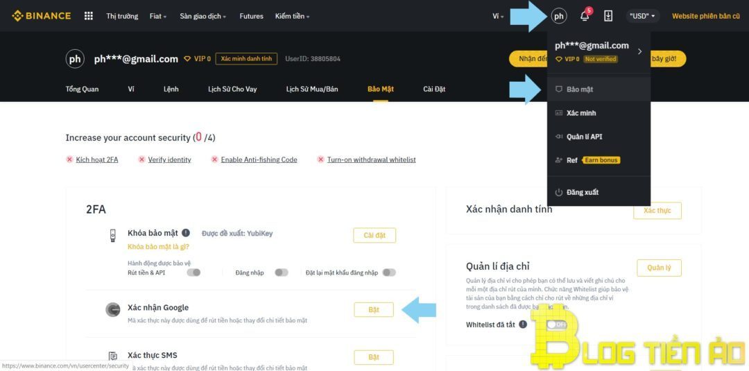 Bật Google Authenticator trên website Binance