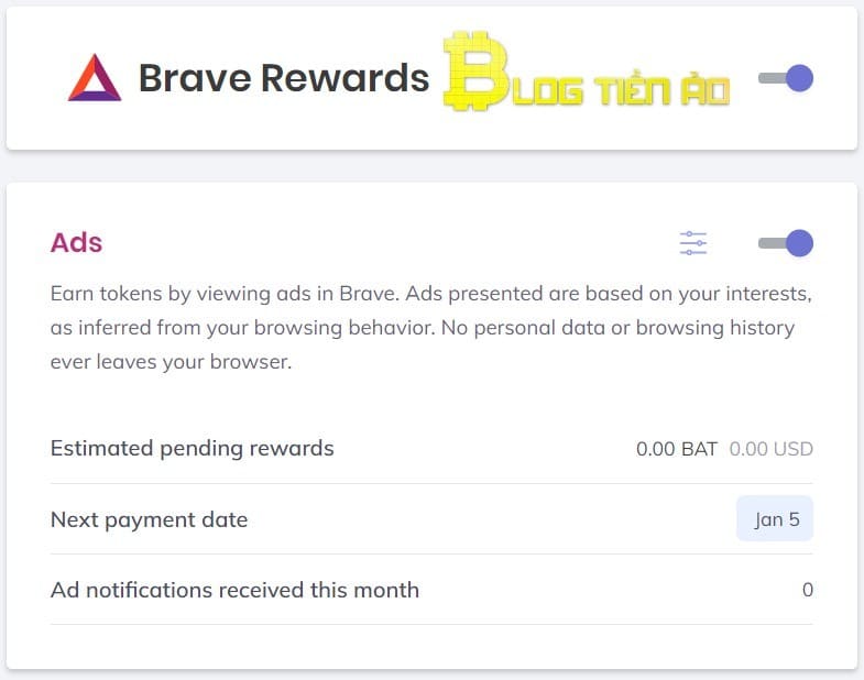 Bật quảng cáo Brave rewards