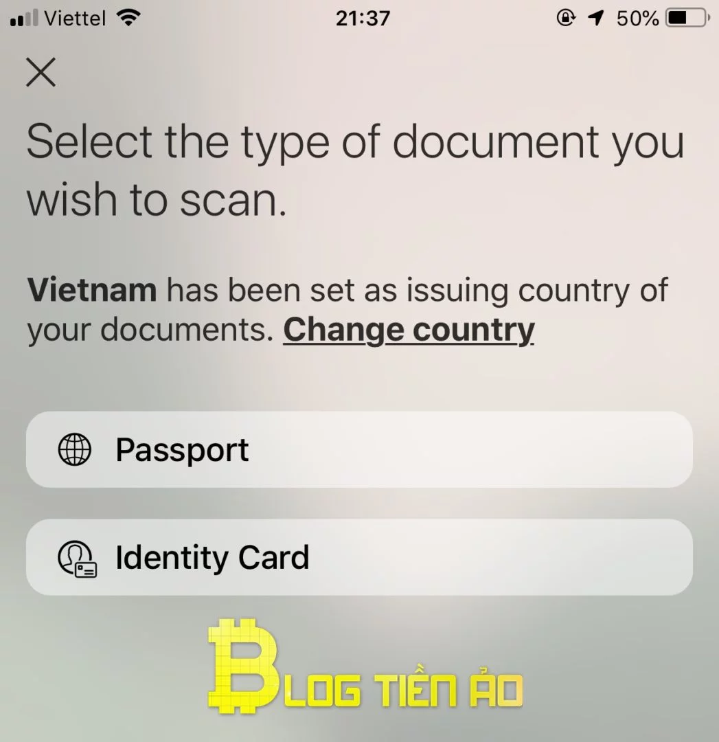 Chọn loại tài liệu xác minh trên App