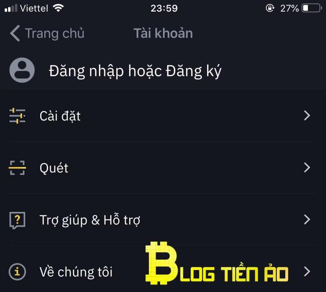 Mục tài khoản Binance App IOS khi chưa đăng nhập