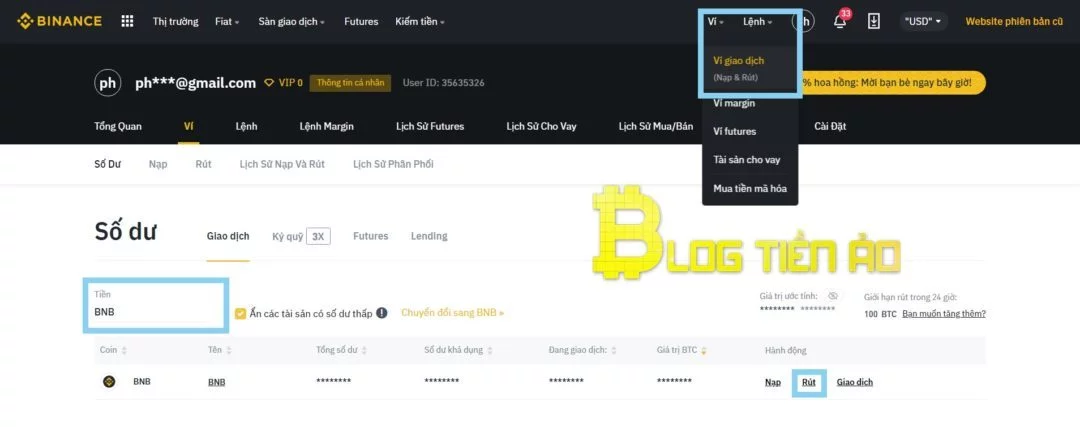 Rút coin trên website Binance.com