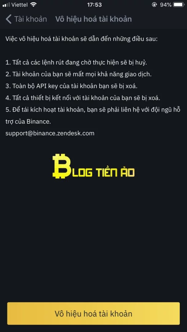 Tiến hành vô hiệu hóa trên Binance App IOS