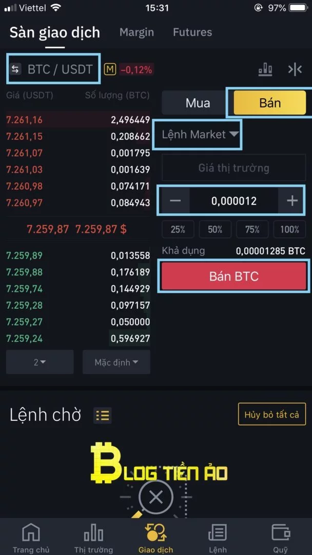 Ví dụ lệnh market trên App