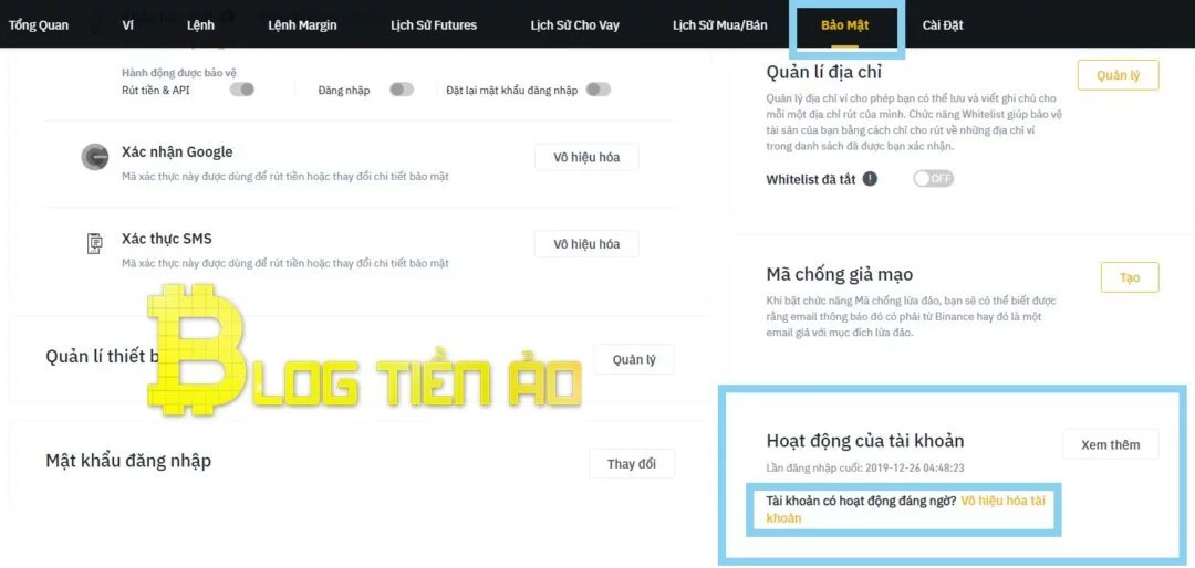 Vô hiệu hóa tài khoản Binance trên Website