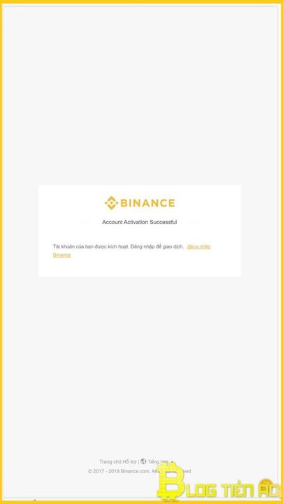 Xác thực đăng ký tài khoản Binance thành công