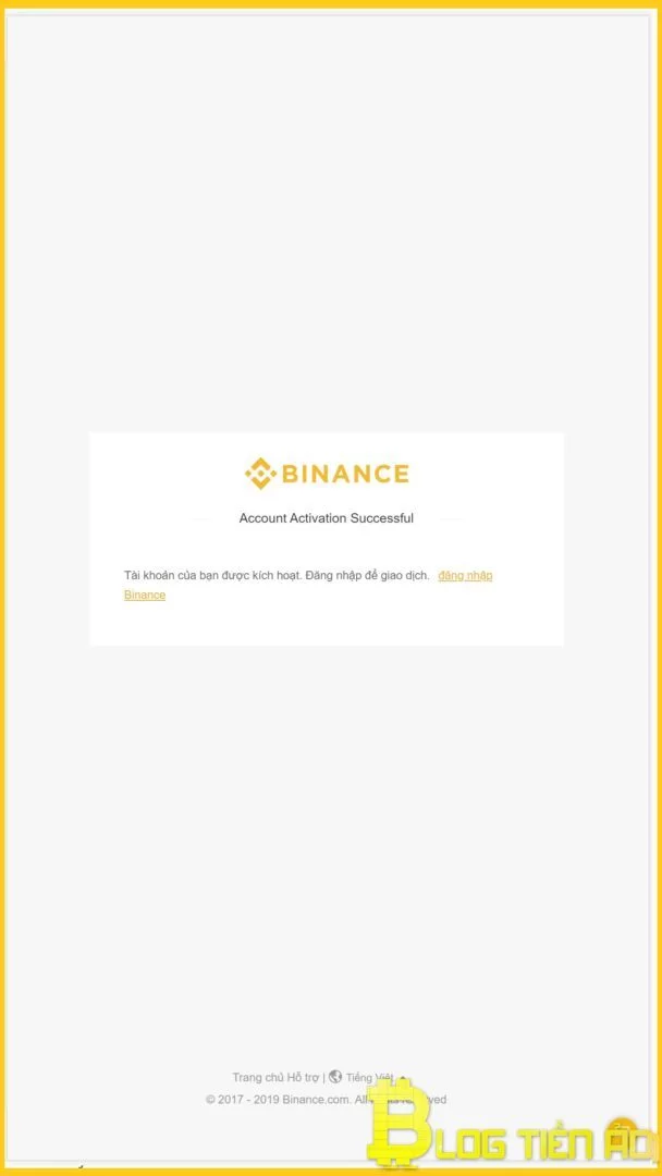 Xác thực đăng ký tài khoản Binance thành công