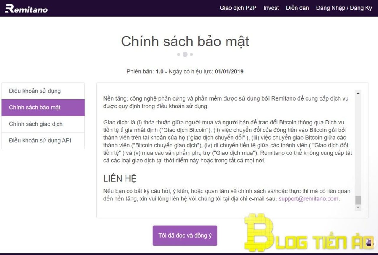Các điều khoản và chính sách của sàn Remitano