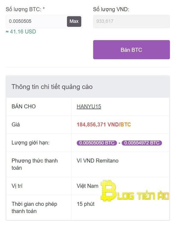 Nhập lượng bitcoin để bán trên quảng cáo mua