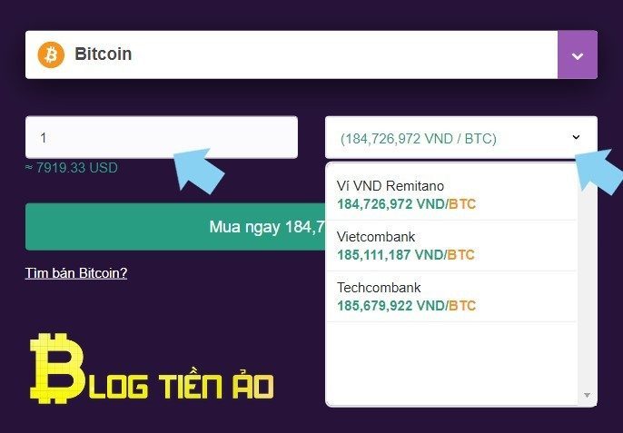 Nhập số lượng bitcoin cần mua và chọn phương thức thanh toán