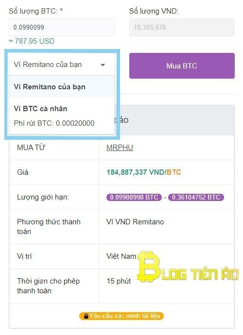 Nhập số lượng Bitcoin cần mua