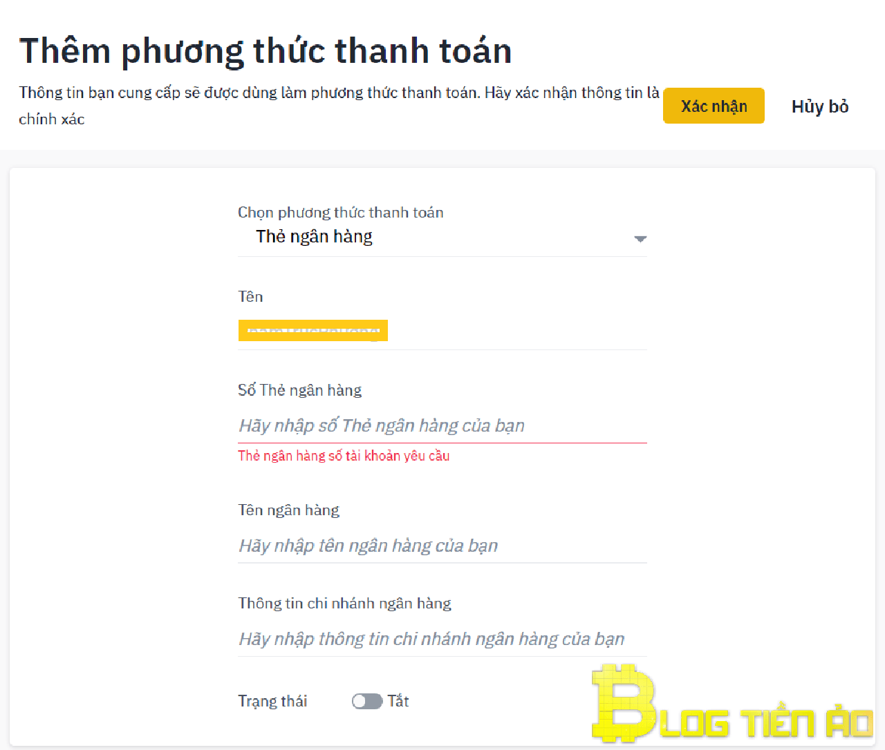 Nhập thông tin ngân hàng thanh toán