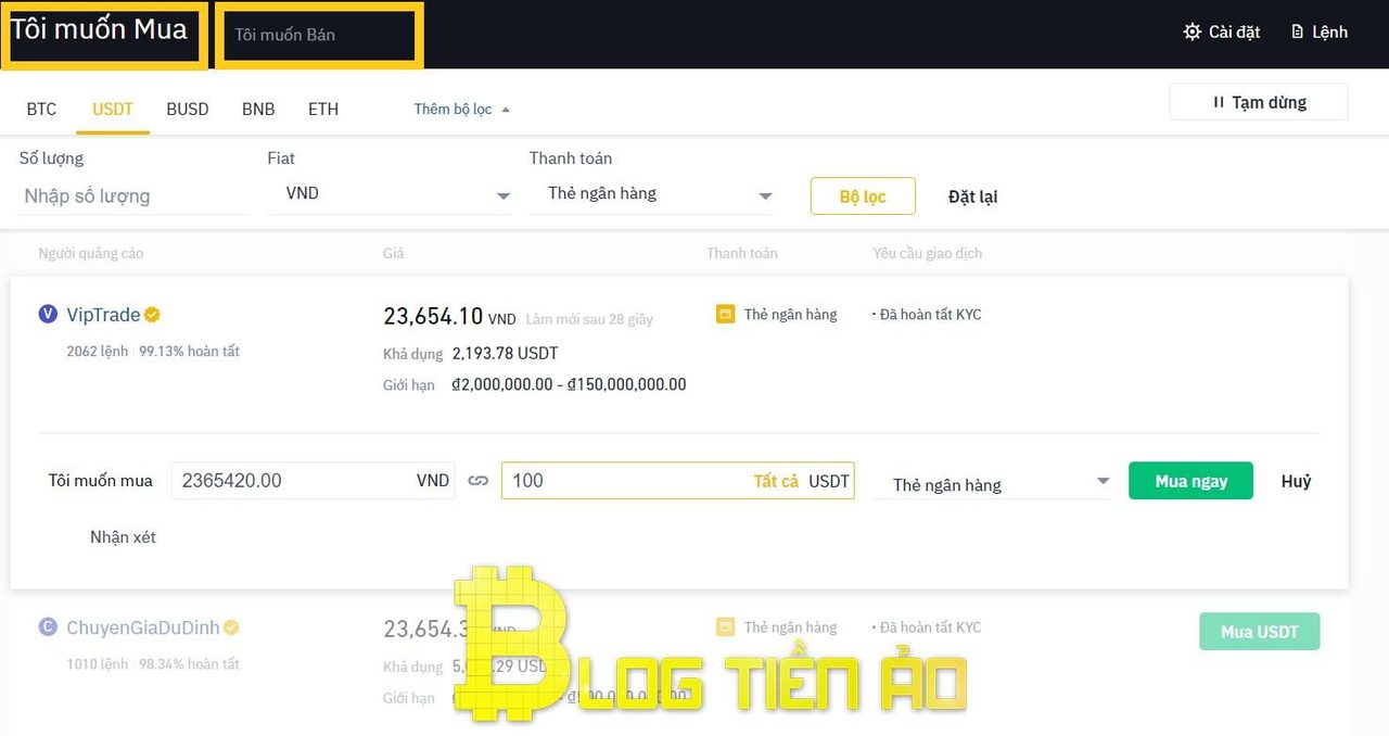 Thực hiện mua bán trên Binance P2P