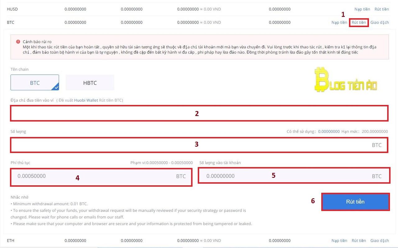 Rút coin Huobi