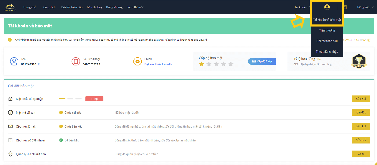 Bảo mật tài khoản Bityard
