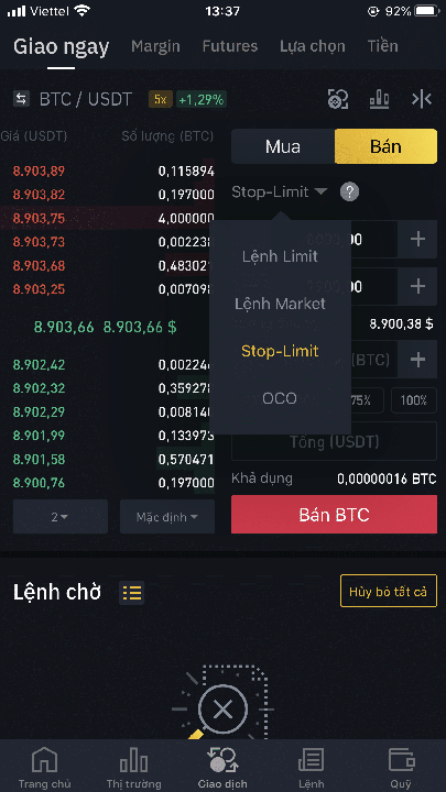 Cách đặt stop loss trên ứng dụng Binance