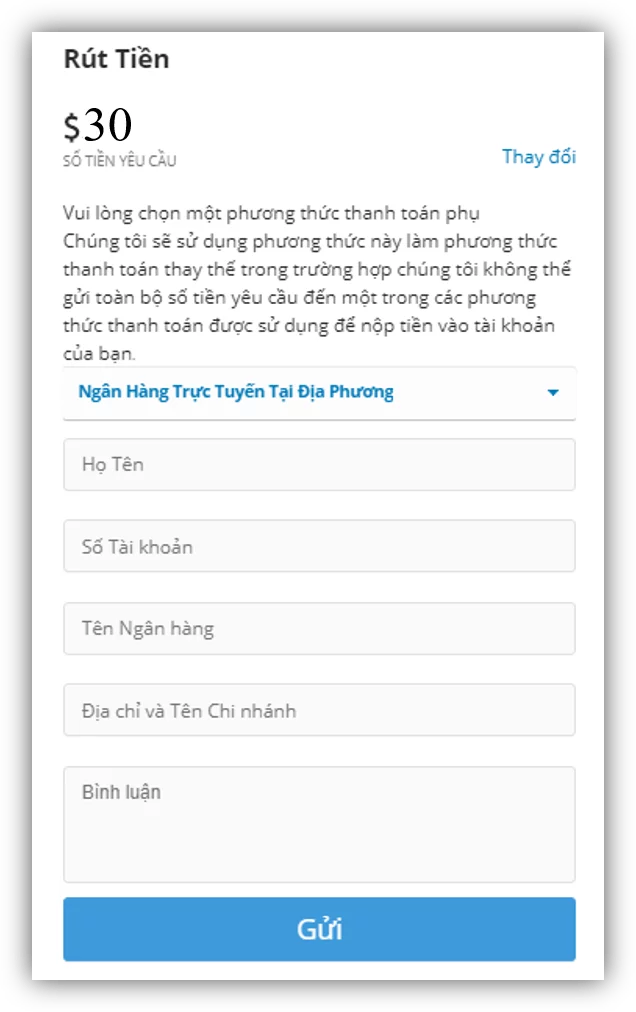 điền một phương thức rút tiền thay thế